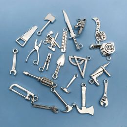 Mix 20pcs Antique Silvery Tool Charms Pendants For Jewellery Making Saw Wrench Axe Findings Crafting Accessory For DIY