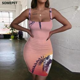 Casual Dresses SOMEPET Sunset Women Plants Bodycon Dress Romantic Ladies Landscape Halter Sleeveless Womens Clothing Club Short