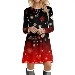 Casual Dresses Midi Length Dress Women Autumn Winter Fashion Christmas Printed Round Neck Long Sleeve Vacation Holiday