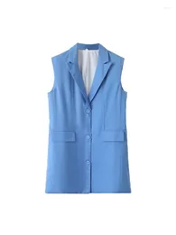 Women's Vests Women Fashion Pocket Decoration Long Style Blue Casual Slim Vest Vintage Sleeveless Button-up Female Waistcoat Chic Tops