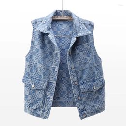 Women's Vests Vintage Blue Big Pocket Denim Vest Women Student Waistcoat Plaid Print Cowboy Sleeveless Jacket Loose Short Jeans Female