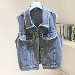 Women's Vests Vintage Blue Frayed Big Pocket Denim Vest Women Slim Short Student Cowboy Waistcoat Korean Casual Sleeveless Jeans Jacket