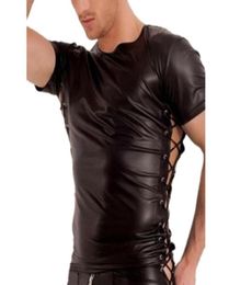 Men Faux Leather Solid Colour Elastic Top Side Lace Bandage T Shirts Fetish Gay Bar Stage Performance Slim Tshirt Men039s TShi5857306