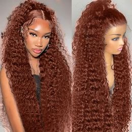 40 Inch Brazilian Glueless Reddish Brown Deep Wave Frontal Wig 250 Density Copper Red Curly Simulation Human Hair Wig 13x4 HD Lace Fron Rahk