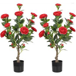 Decorative Flowers 2.95FT Artificial Camellia Topiary Flower Plants Tree Faux Floral Plant With Pot For Home Indoor Outdoor Decoration