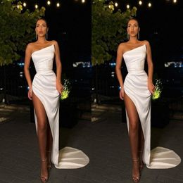 New Arrival Cheap Simple Sexy White Prom Dresses High Side Split Satin Strapless Floor Length Evening Gowns Formal Party Dress 2548