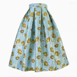 Skirts Vintage Style Elegant High Waist Long Midi Skirt For Women Aesthetic Green Golden Embossed Embroidery Jacquard Summer 2024