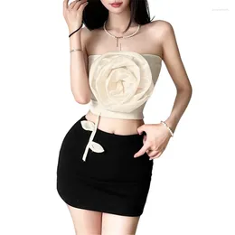 Women's Tanks Womens Summer Strapless Bare Shoulder Sexy Crop Tube Top Aesthetic Vintage 3D Big Flower Front Fitted Bandeau Shirt