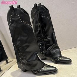 Boots Danxuefei Women's Genuine Leather 7cm Thick High Heel Square Toe Side Zip Autumn Knee Western Rivet Long Shoes