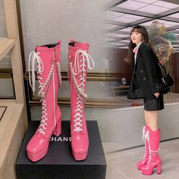 Boots YMECHIC Punk Style Knee High Knight Motorcycle Patent Leather Block High-heeled Platform Chain String Bead Shoes Women