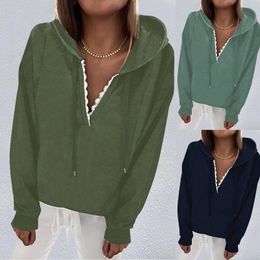 Women's Polos Women Hoodies Tops Casual Drawstring Lace V Neck Solid Colour Pullover Sweatshirt With