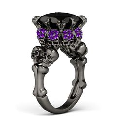 Victoria Wieck Brand New Punk Fashion Jewelry 10KT Black Gold Filled Princess Cut Amethyst CZ Diamond Women Wedding Skull Band Rin9689661