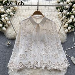 Women's Blouses Gagarich Vintage Loose Solid Hollow Out Embroidery Design Shirt Woman Chic Lapel Single Breast Lantern Sleeves Versatile