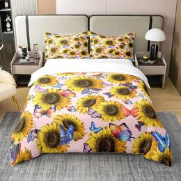Bedding sets Yellow Sunflower Comforter Set Butterfly for Kids Girls Teens WomenCountry Floral Quilt Duvet Sets 2 Cases H240521 RUA9