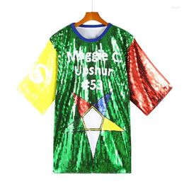 Women's T Shirts 2024 Summer Sequins Round Neck Geometry Letter Patchwork Female Straight Streetwear Hip Hop Night Club Women T-shir