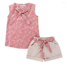 Clothing Sets 2PCS/Set Baby Girl Clothes Suit Kids Floral Printed Bow Sleeveless Solid Shorts Children Summer Casual Outfits