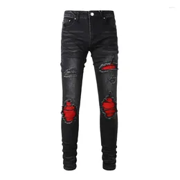 Men's Jeans US Drip Distressed Streetwear Skinny Stretch Holes Red Ribs Patches Ripped Come With Original Tags