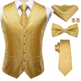 Luxury Gold Mens Vests Silk Red Blue Green Gold Waistcoat Tie Bowtie Hanky Cufflinks Set Male Waist Jacket Wedding Office Hi-Tie 240522