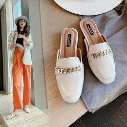 Slippers Square Toe Mules Shoes Metal Chains Women Flat Heel Outdoor Slides High Quality Leather Semi-trailing Pantuflas