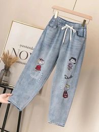 Women's Jeans Ripped High Waist Mom Plus Size Denim Pants For Women Vintage Embroidery Elastic Ankle Length Trousers Baggy