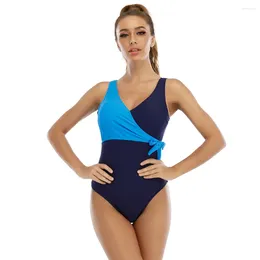 Women's Swimwear Colorblock One-piece Swimsuit Women Patchwork Belt Bow Monokini 2024 V-neck Beach Bathing Suit