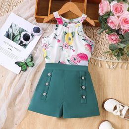 Clothing Sets 2024 Summer Child Clothes Sleeveless Print Floral Tops Green Shorts 2 Piece Designer Girls 18M-6T
