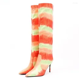 Boots 2024 Handmade Women Knee High Slip On Thin Heels Pointed Toe Orange Purple Green Party Shoes Plus US Size 5-15