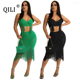 Work Dresses QILI Suspenders Backless Vest And Sexy Folds Tassel Perspective Skirt Leisure Temperament Two Piece Set