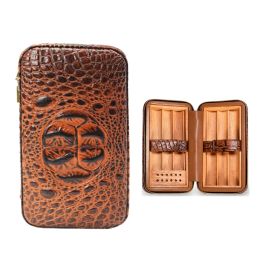 Humidor Outdoor Trave Set with 6 Cigar Holsters Cedar Wood Cigar Casel Lined Crocodile Skin Pattern Portable Leather Bag