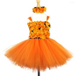 Girl Dresses Fairy Girls Orange Flower Petals Tutu Dress Kids Black Crochet Tulle With Hairbow Children Halloween Party Costume