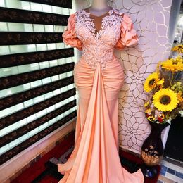 2024 Watermelon Aso Ebi Prom Dresses for Special Occasions Illusion Short Sleeves Appliqued Beaded lace Pleated Birthday Dress Second Reception Gowns AM988