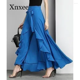 Women's Pants Long Women Blet Knot Tie Waist Ruffle Pure Colour Skirt Style Elegant Wide Leg Blue Ankle Length