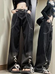 Women's Jeans American Lace Up Women Vintage Fashion Black Wash Loose Straight Leg Couple Wide Pants Y2K 2024