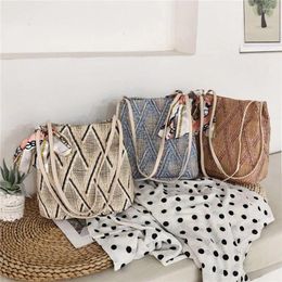 Shoulder Bags Fashion Silk Decor Handbags Straw Woven Women Top-handle Casual Summer Beach Shopping Totes