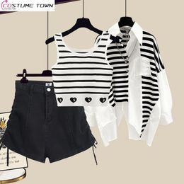 Spring and Summer Suit Womens Sunscreen Shirt Tank Top Slim Denim Shorts Elegant Two Piece Set 240516