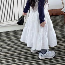 Skirts Girls French Lace Embroidery White Skirt Korean Spring Summer New Baby Girl Retro High Waist Draped A-Line Long Skirts Y240522