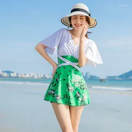 Women's Swimwear Two Piece Swimsuit With Skirt High Waist Women V Neckline Swimming Suit Tankini Big Sleeve Beach Wear