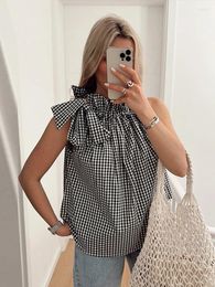 Women's Blouses Elegant Plaid Bow Lace Up Vest Women Stand Collar Sleeveless Loose Pleated Female Waistcoat 2024 Summer Casual Tank Top