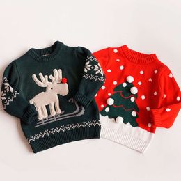 New Kids Elk Sweater Girls Boys Casual Crew Neck Knitwear Warm Cothing Knitted Pullover Outfit Christmas Tree L2405