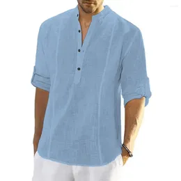 Men's Casual Shirts Men Summer V Neck Half Button Pullover Blouse Tops Male Linen Sleeve Loose