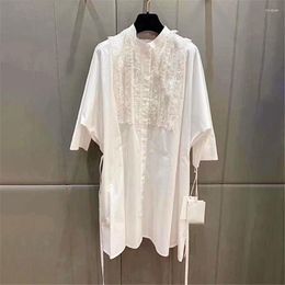 Casual Dresses 2024 Spring Shirt Dress Patchwork Mesh Sequins Cotton Women Clothes Fashion Lace Up Loose White