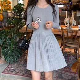 Casual Dresses Fashion Women's Short Pleated Dress High Waisted Korean Sweet Solid Long Sleeve Slim Bottoming Knitted Versatile T504