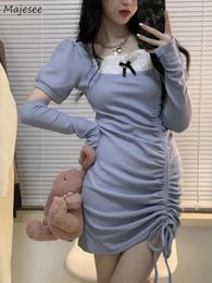 Casual Dresses Shirring Women Spring Sweet Sheath College Panelled Mini Korean Style Princess Puff Sleeve Fashion Ulzzang Bandage