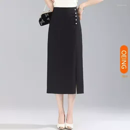 Skirts Women High Waist Button Split Bodycon Black Suit Skirt 2024 Spring Summer Elegant Slim Fit Casual Office Lady Long 93176