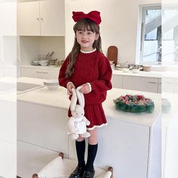 Clothing Sets Children Year Sweater Set Handmade Knitted Top Skirt Casual Simple Fashionable Solid Colour Two Piece