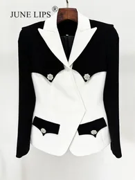 Women's Jackets JUNE LIPS 2024 Autumn Fashion Black And White Block Colour Contrast Slim Fit Diamond Button Suit Jacket Coat High Qua