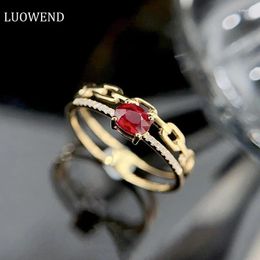 Cluster Rings LUOWEND 18K Yellow Gold Romantic Real Natural Ruby Shiny Diamond Fine Luxury Gemstone Ring For Women Anniversary Gift