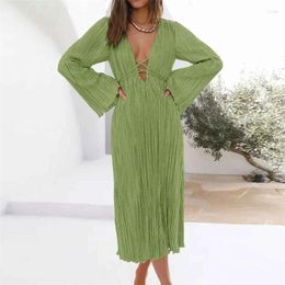 Casual Dresses Sexy Women's Dress Lace Up Slim Butterfly Sleeve High Waist Hollow Out Female Long 2024 V Neck Fashion Solid Robe