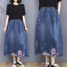 Skirts Ethnic Style Denim Embroidery Skirt 2024 Spring Summer Loose Large Size Retro Artistic Irregular A Line Saia Jeans Women Z4208