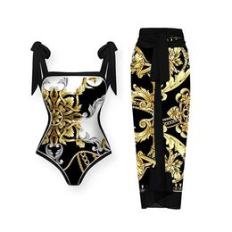 Women's Swimwear Retro Black Gold Color Matching Printed One-piece Swimsuit Sexy Beach Swimwear Fashion Strap Cover-up Blouse New 2024 T240523